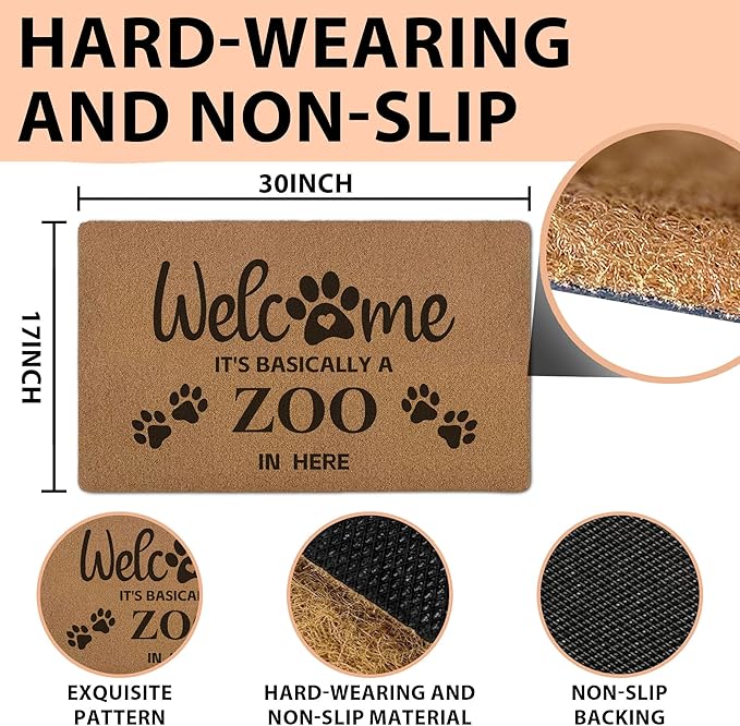 Funny Pet Welcome Door Mats, It's Basically a Zoo in Here Door Mat for Home Outside Entryway, Outdoor Pet Lover Owner Gift, Artificial Coir Doormat Rugs for Patio Kitchen Decor, 17x30 Inch