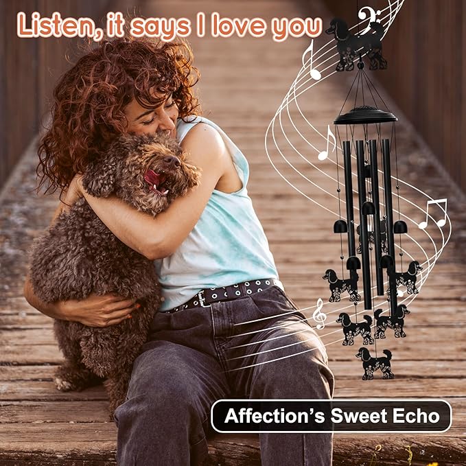 Poodle Wind Chimes for Garden, 34.6 Inch Weather-Resistant Metal Windchime with 4 Aluminum Tubes, Pet Memorial Gift for Dog Lovers, Patio & Yard Deco