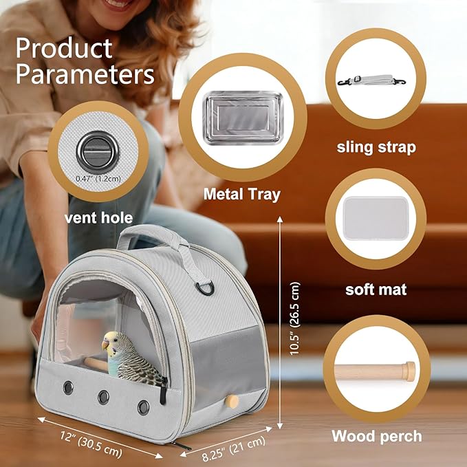 halinfer Small Bird Travel Carrier for Parakeet Budgies Parrot Cockatiel Conure, Portable Lightweight Clear Front Window with Horizontal Bar for 2 Birds Standing Perch