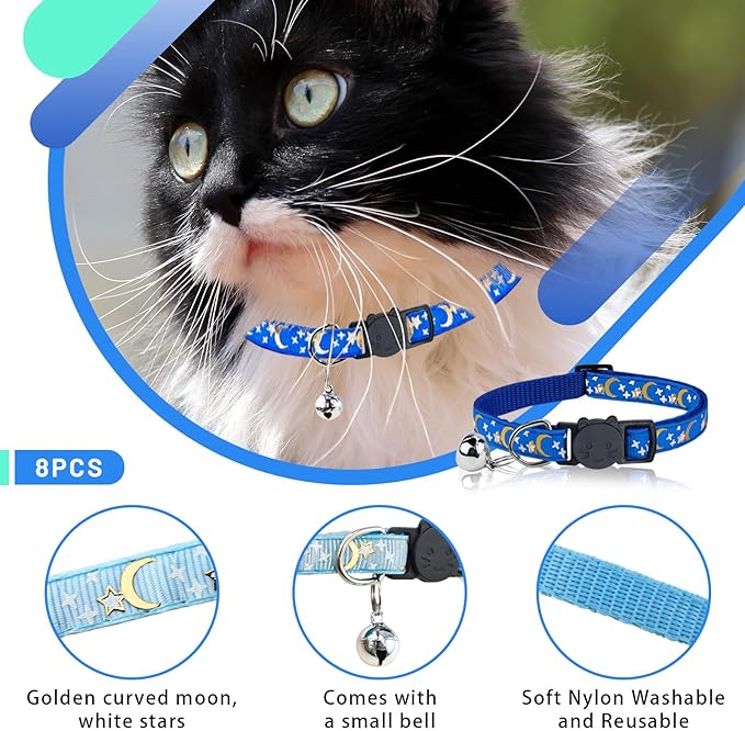 8 PCS Cat Collars with Bell Moons Stars, Reflections Cat Collar with Bells, Breakaway Cute Kitty Collar for Cats, Pet Gifts, Accessories (8 Colors)