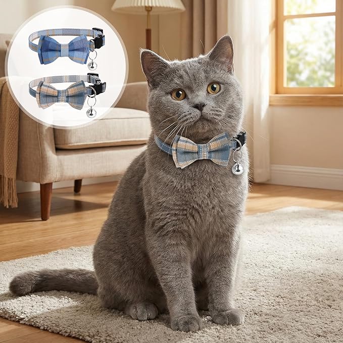 2Pcs Cat Collar Breakaway, Cute Plaid Cats Collar with Bells Soft Adjustable Kitten Accessories, Cat Bowtie Collar with Cat Buckle for Kitten Puppy and Small Pets
