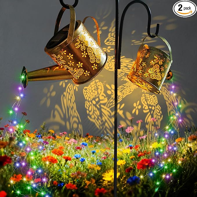 DDQ Solar Watering Can Lights, Warm White/Color LED with Shepherd Hook, IP65 Waterproof Metal Garden Decor, Auto On/Off for Patio Backyard for Mom Birthday Christmas