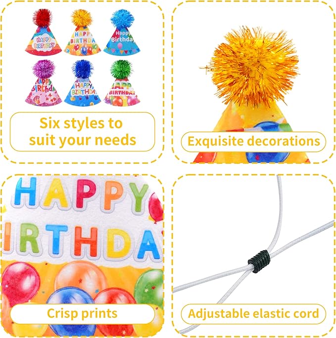 6pcs/Pack Mini Dog Happy Birthday Hats Party Hats for Small Puppies Doggie Cats Kittens Rabbit Boy Girl Birthday Costume Accessories