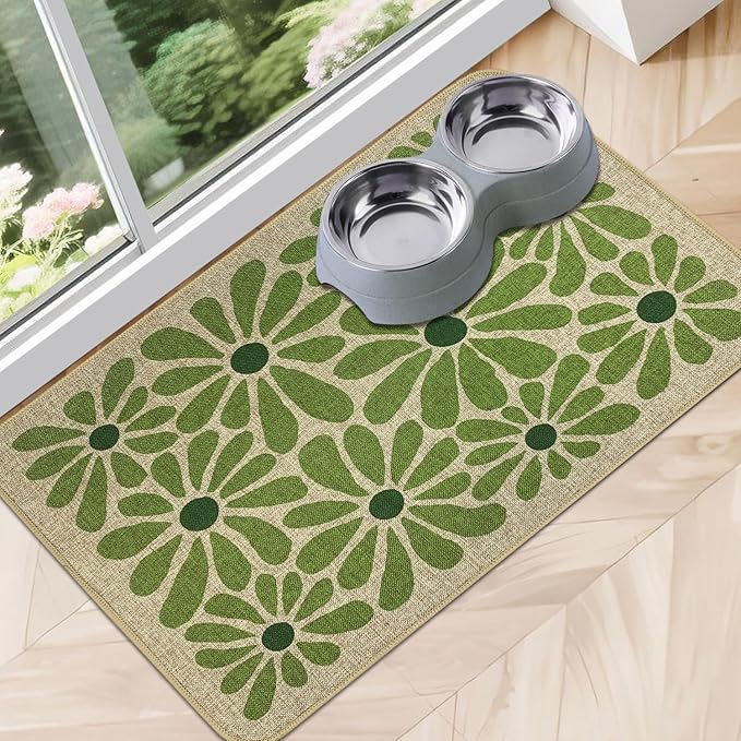 SHIYUE Dog Food Mats for Floors, Absorbent Cat Bowl for Food and Water, Non-Slip Accessories Pet Supplies(12"x20",Green Flower)