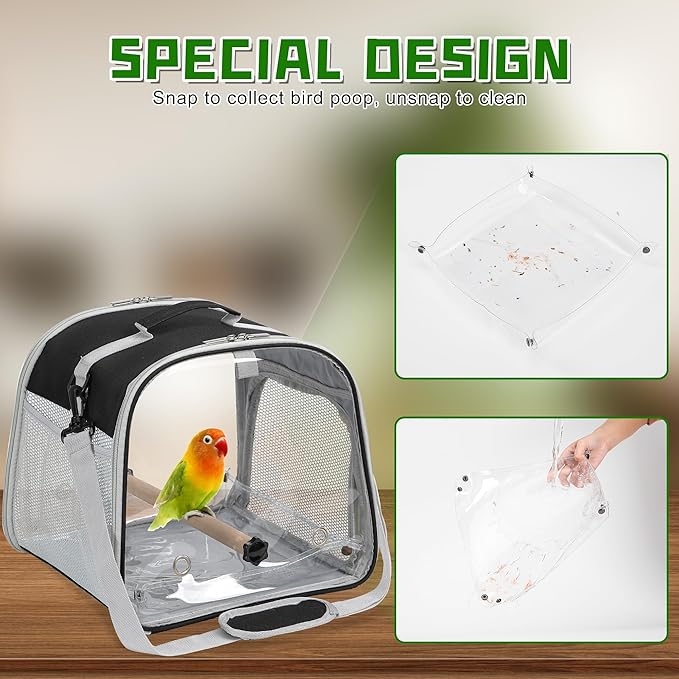 Suertree Small Bird Carrier, Large Window Travel Cage with Stand and Easy Clean Tray for Parrot Parakeet Cockatiels, Lightweight and Portable, Black