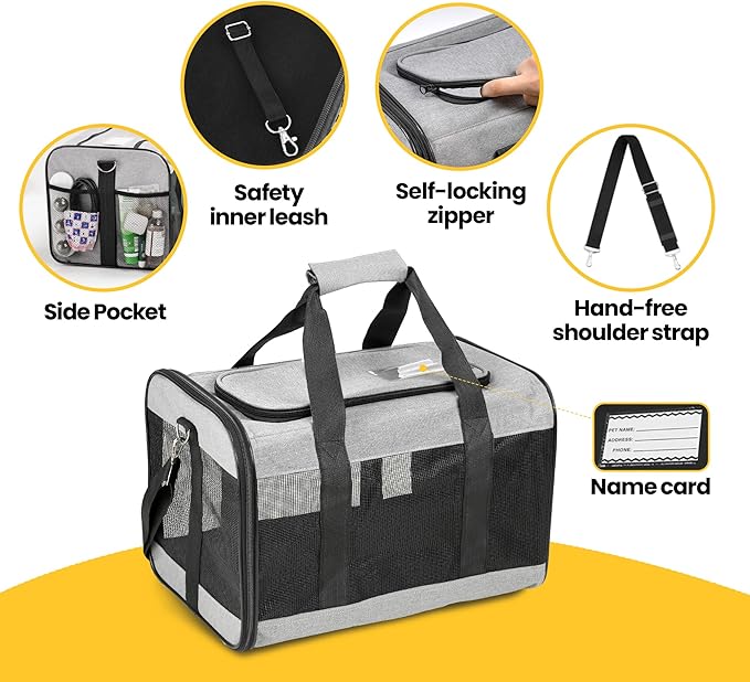 Dog Carrier Soft Sided, Large Cat Carrier with Inner Safety Leash, Pet Transport Carrier for Large Cats and Medium Dogs up to 20 Lbs, Collapsible Travel Puppy Carrier Bag -Gray L