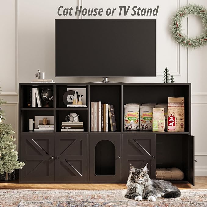 IRONCK Cat Litter Box Enclosure for 2 Cats, Litter Box Furniture Hidden with Double Room and Large Storage Space, Wooden Washroom Furniture, Cat House, Black