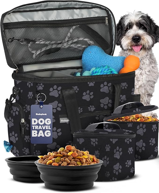 The Original Doggy Bag™ - Complete Dog Travel Bag for Supplies with 2 BPA-Free Travel Dog Bowls & 2 Pet Food Containers - Traveling Kit for Road Trips, Camping, Weekend Away or Doggy Gift: Paw Print