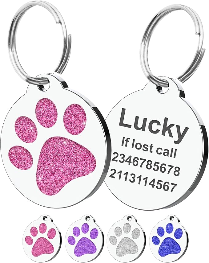 Dog Tags Personalized for Pets Dog Name Tags Personalized Dog Tag Engraved with Any Name & Text Custom Dog ID Tags Glitter Bone ID Tag for Puppy Cat (Pink-Round, S)
