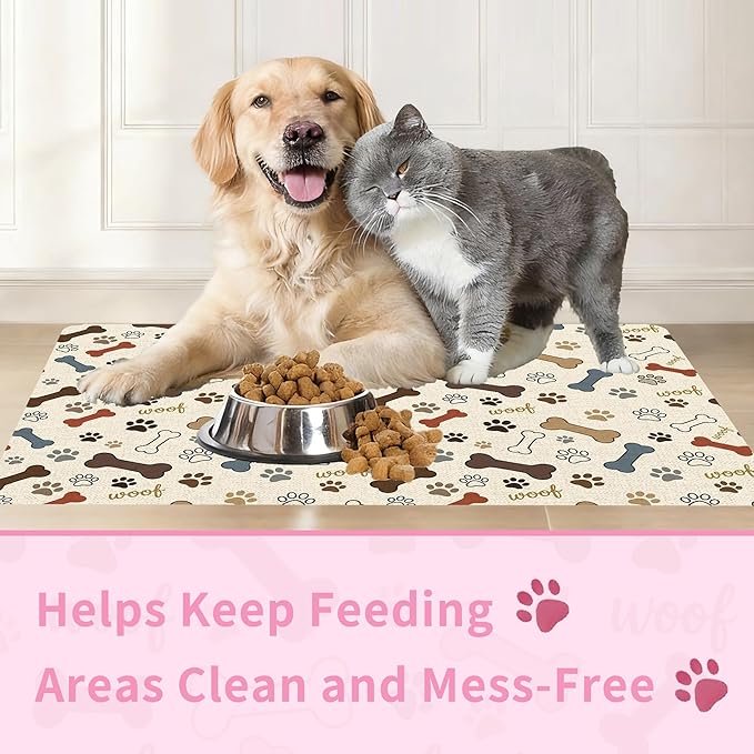 Dog Feeding Mat 24 x 16 Inch, Neutral Paw Bone Woof Dog Placemat Absorbent Quick-Dry for Food and Water, Waterproof Non Slip Rubber Pet Bowl Pad Mat for Floors