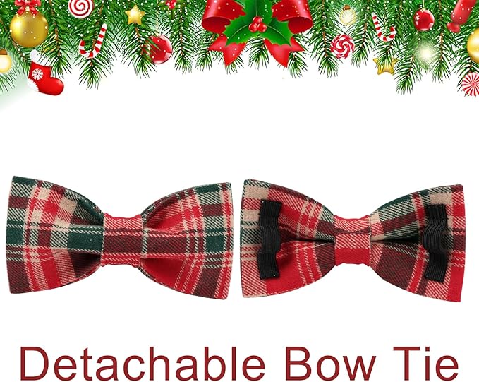 Christmas Plaid Dog Collar with Bow Tie– Adjustable Red & Green Checkered Dog Collar for Small Medium Large Dogs, Soft Xmas Plaid Puppy Collars with Quick Release Buckle M