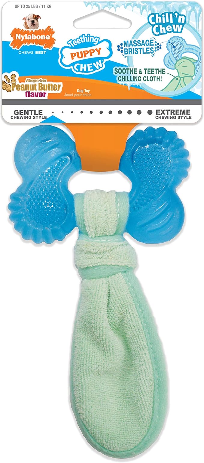 Nylabone Freezer Bone Puppy Chew Toy, Soothing Teething Toys for Puppies, Rubber & Terry Cloth, Peanut Butter Flavor, Small Dogs - Up to 25 lbs., 1 Count
