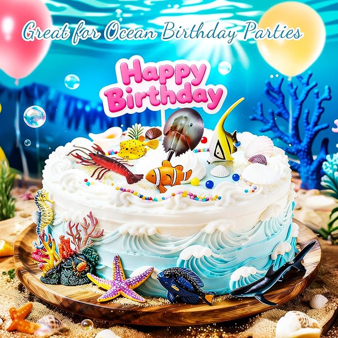 Sea Animals Toys Figures 21Pcs, Plastic Marine Creature Shark Fish Starfish Crab Lobster Octopus Seahorse Coral Jellyfish Ocean Life for Kids Birthday Party Favor Cake Decoration