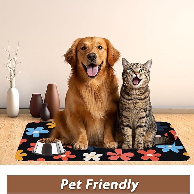Abstract Groovy Flower Dog Food Mat for Floors,Absorbent Pet Food and Water Bowl Mats,Non-Slip Pet Feeding Mat,Pet Supplies 16" x 24"