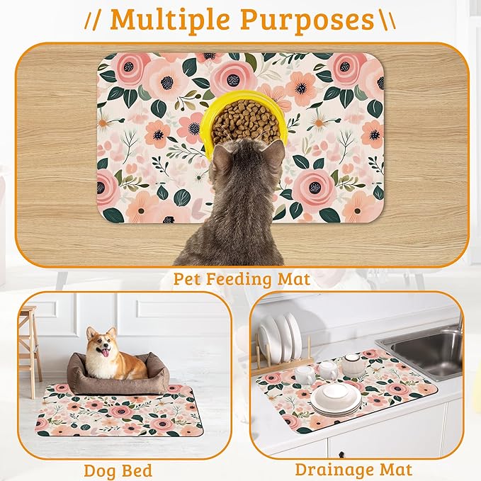 Dog Bowl Mat,Blooming Flowers Pet Feeding Mat for Floors Waterproof,Peonies Roses Absorbent Dogs Placemat for Food and Water Quick Dry Pet Cat Feeding Mats with Non Slip Bottom 12" x 20"