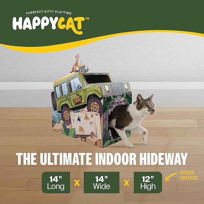 HappyCat Safari Truck Cat Scratcher House - Adventure-Themed Cardboard Cat Playhouse with Scratch Panels & Interior Space - Jungle Truck Theme Cat Activity Center