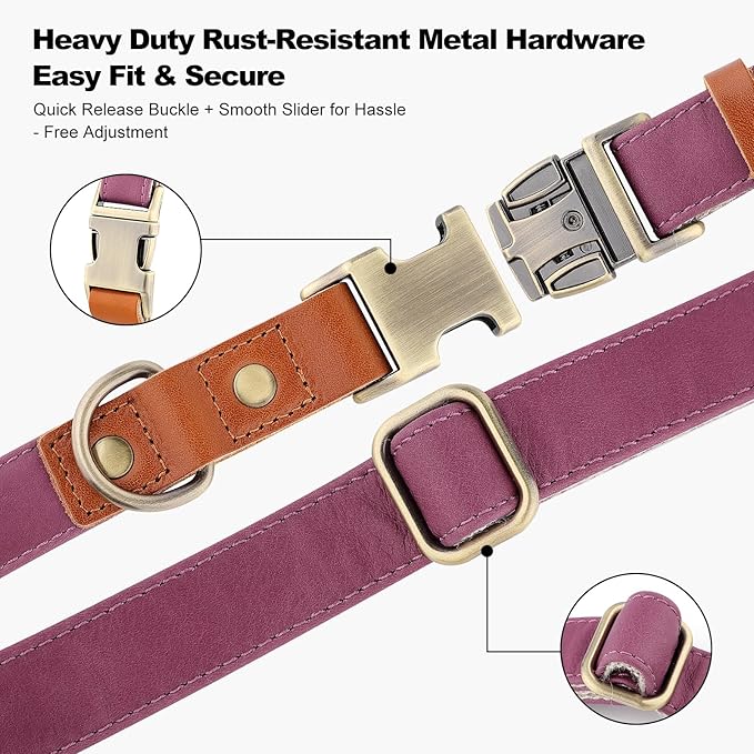 Plutus Pet Genuine Leather & Hemp Dog Collar – Adjustable Heavy Duty Pet Collar with Quick Release Metal Buckle, Soft & Stylish for Puppy and Small, Medium, Large Dogs (Purple, S)