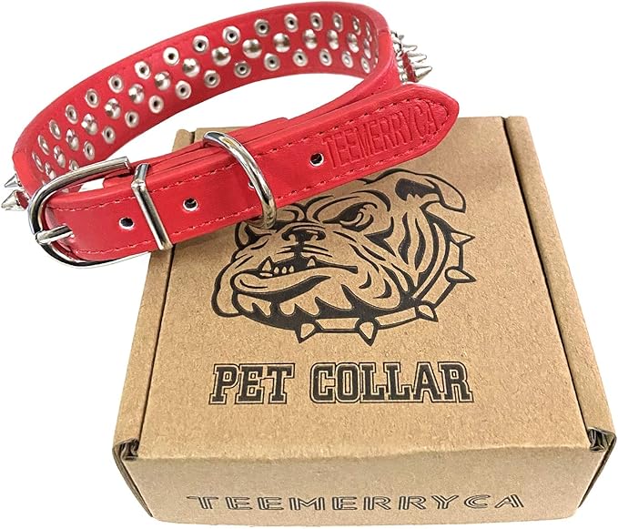 TEEMERRYCA Adjustable Microfiber Leather Spiked Studded Dog Collars with a Squeak Ball Gift for Small Medium Large Pets Like Cats/Pit Bull/Bulldog/Pugs/Husky, Red, XL 17.7-20.5 inches