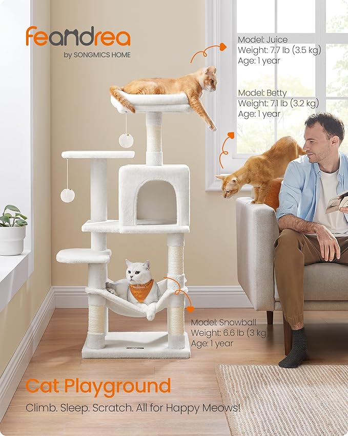 Feandrea Cat Tree, 44.1-Inch Cat Tower, Plush Multi-Level Condo with 4 Scratching Posts, 2 Perches, Hammock, Cave, Cream White UPCT261T01