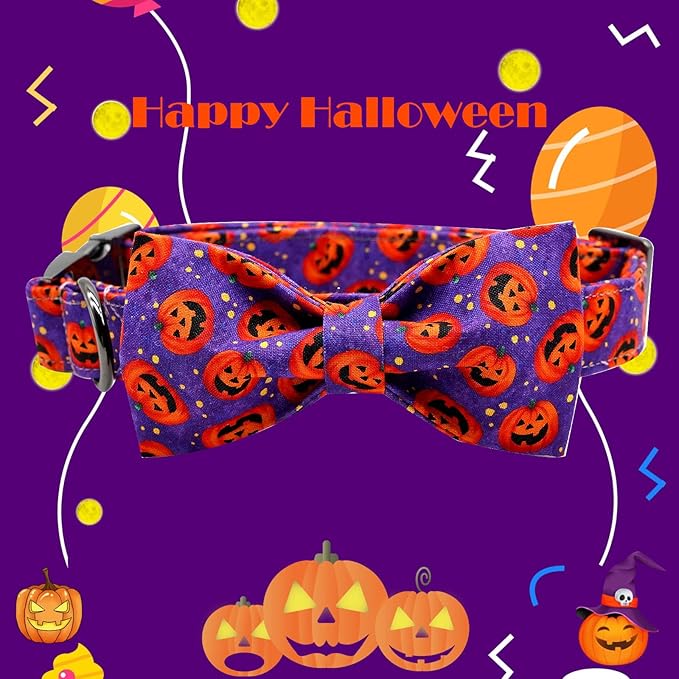 Dog Collar - Halloween Pumpkin Bowtie Pet Collar Gift Soft Bow Collar Pet Adjustable Metal Buckle Puppy Collars for X-Small Dogs
