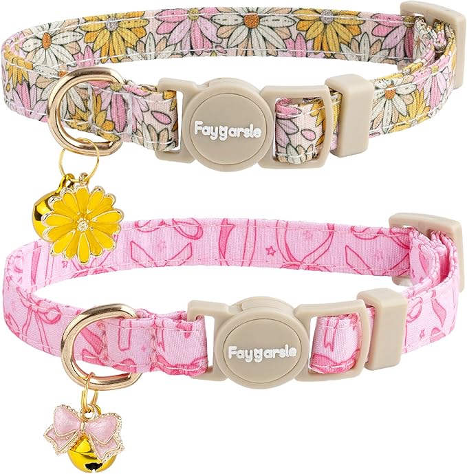 Faygarsle 2 Pack Pink Bow Floral Pattern Cat Collars Breakaway Safety Collar with Bell Spring Summer Design for Girl Cats,Pink Yellow