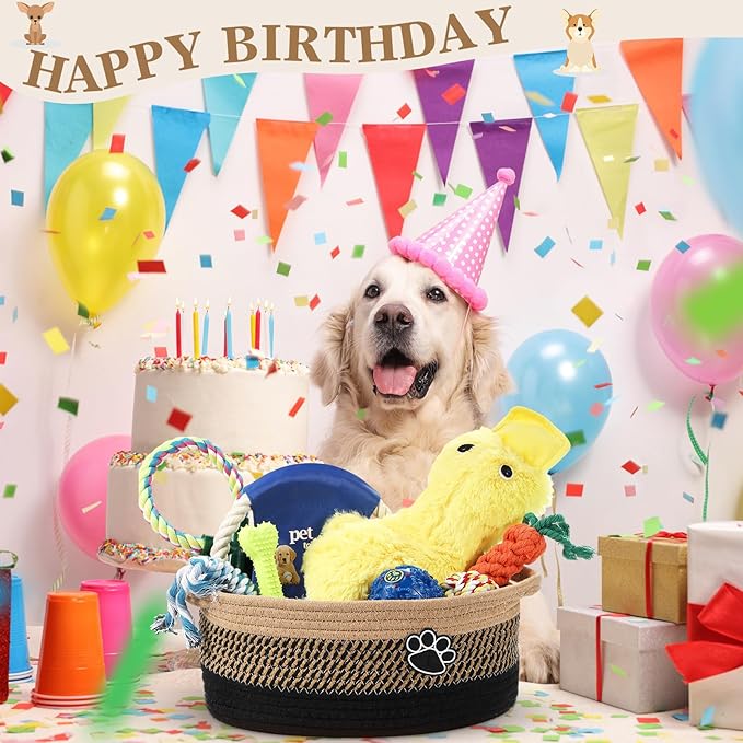 Zopeal Puppy Dog Toy Gift Storage Basket with Dog Toys Set Chew Toys Birthday Gift Basket Teething Interactive Squeaky Duck for Teething Small Medium Large Dogs(Black)