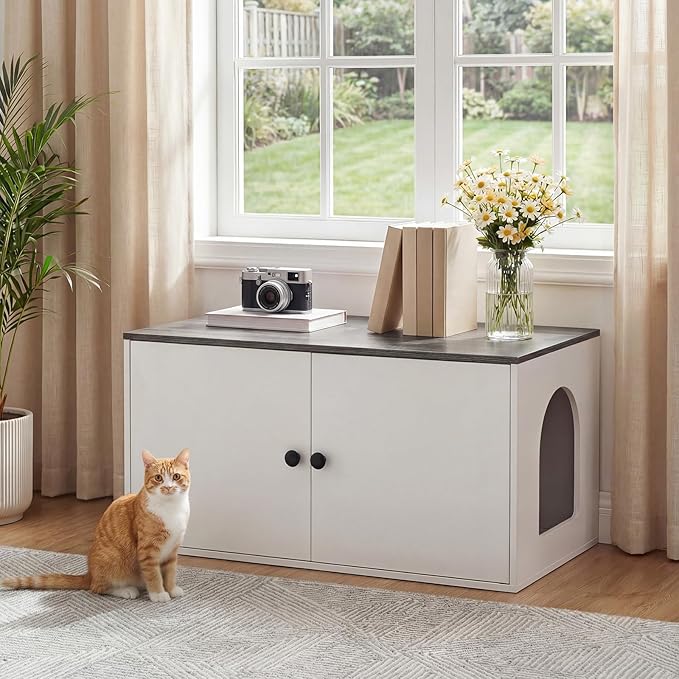 HOOBRO Cat Litter Box Enclosure, Hidden Litter Box Furniture with Side Entry, Litter Box Cabinet, Indoor Cat House, End Side Table, 31.5" L x 17.7" W x 16.3" H, White and Charcoal Gray BW40MW01