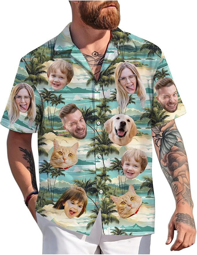 Custom Hawaiian Shirt with Face Photo Picture for Men Women Kids Youth Adult, Tropical Personalized Hawaiian Shirts Gift