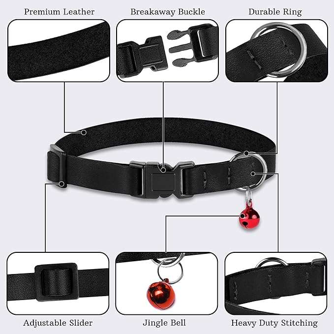 Breakaway Cat Collar with Bell - Leather Adjustable Kitten Collars with Safety Quick Release Buckle - Soft Small Pet Collars for Girl & Boy Cats