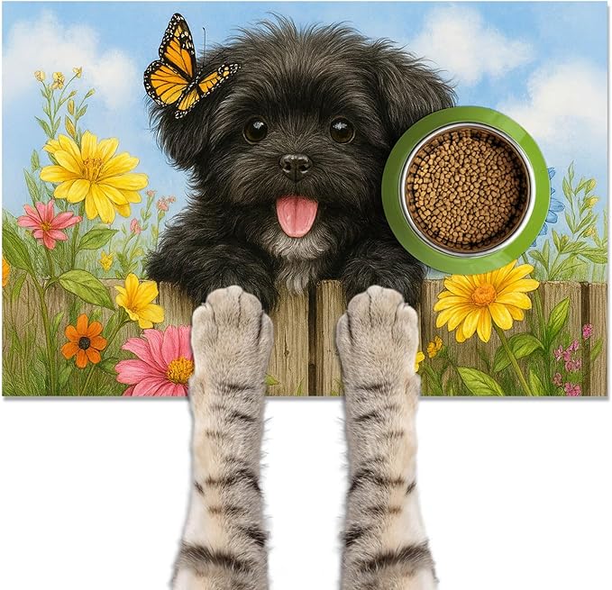 Spring Pet Feeding Mat 24" x 16"Puppy and Butterfly Floral Garden Design Non Slip Cat and Dog Bowl Mat Easy Clean Pet Food Mat Pet Placemat for Dog and Cat Feeding Area Kitchen Floor Decor