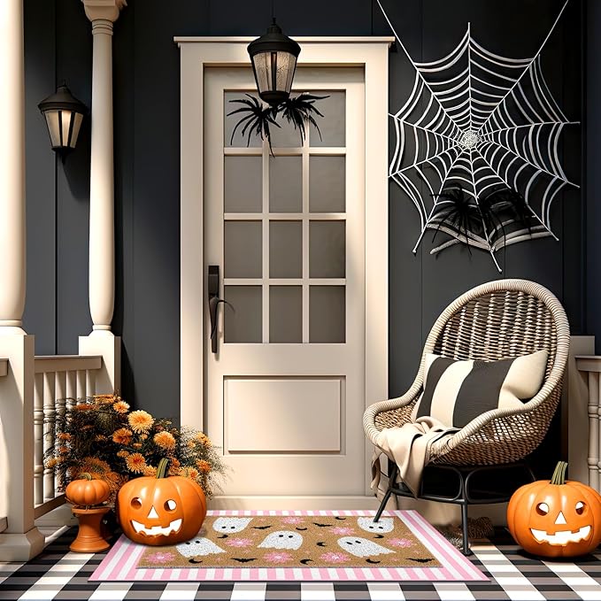 Tinideya 2 Pcs Door Mat Welcome Non Slip Coir Mats Floor Layering Doormats Seasonal for Front Porch Entryway Decor(Flower Ghost)