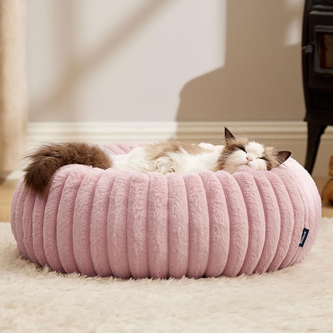 Bedsure ComfyFleece™ Cat beds for Indoor Cats - Donut Dog Beds for Small Dogs with Corduroy Fleece & Anti Slip Bottom, Faux Fur Pet Beds with Washable Removable Cover, Blush Pink, 20x20x6 inches