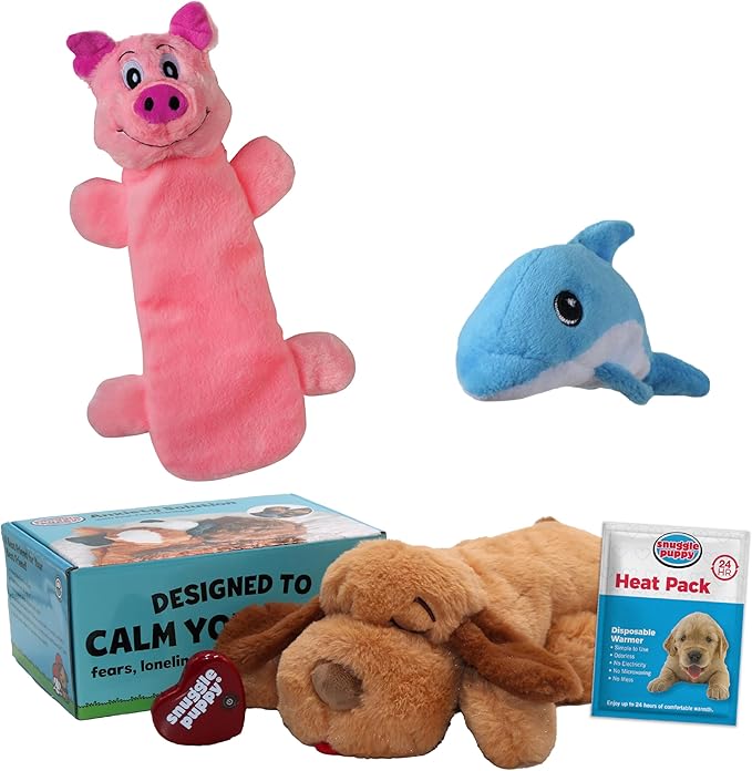 Snuggle Puppy Original, Dog Toy with Calming Heartbeat, Soothing Plush Companion Reduces Pet Anxiety, Includes Heat Pack & Batteries + 2 Tender-Tuff Dog Toys, Squeaker & Bottle Toy