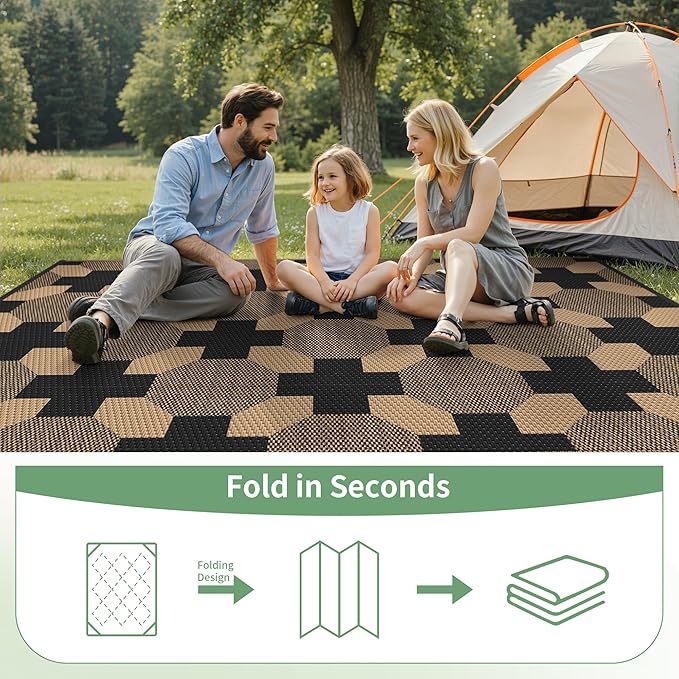 GENIMO Outdoor Rug for Patio Clearance, 6'x9' Reversible Geometric Plastic Straw Rugs, Lightweight Waterproof RV Camping Mat for Camper, Balcony, Deck, Backyard, Picnic, Black Brown