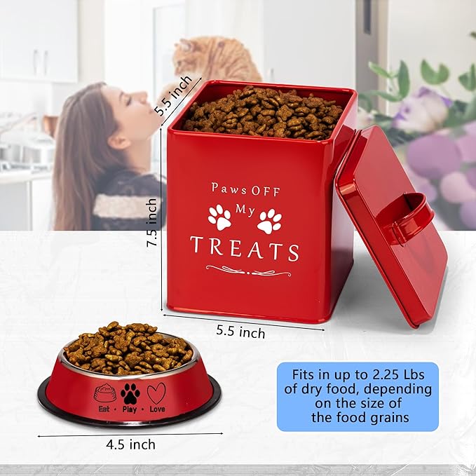 Meraki Home Farmhouse Cat Food and Treats Containers + Feed Scoop + Pet Food Bowl - Tight Lids - Large Metal Storage Bin - Great Gift for Cute Pets (Glossy Red)