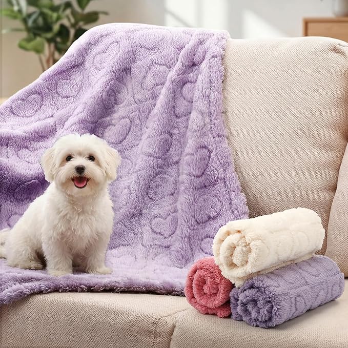 Tegeme 3 Pcs Small Dog Blanket 280 GSM Washable Pet Bed Cover Soft Fluffy Puppy Blanket 3D Textured Heart Checkered Pattern Fleece Soft Cat Plush Pet Throws for Kitten Doggy(Classic Colors,30"×40")