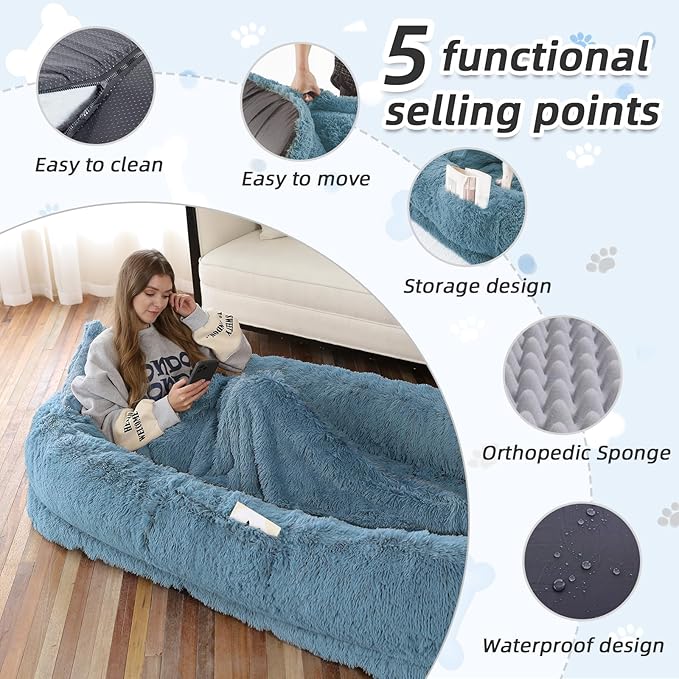 Human Dog Bed, 71''x45''x12'' Size Fits You and Pets, Washable Faux Fur Pet Bed for People Doze Off, Napping Orthopedic Dog Bed, Present Plump Pillow, Blanket, Strap - Rainbow