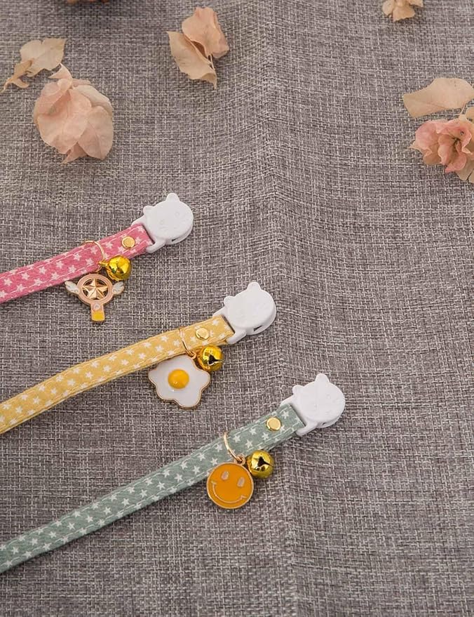 Cat Collar Breakaway with Bells,3 Pack Safety Adjustable Pet Collars,Ideal for Girl Boy Kittens. (Pink Green Yellow Star)