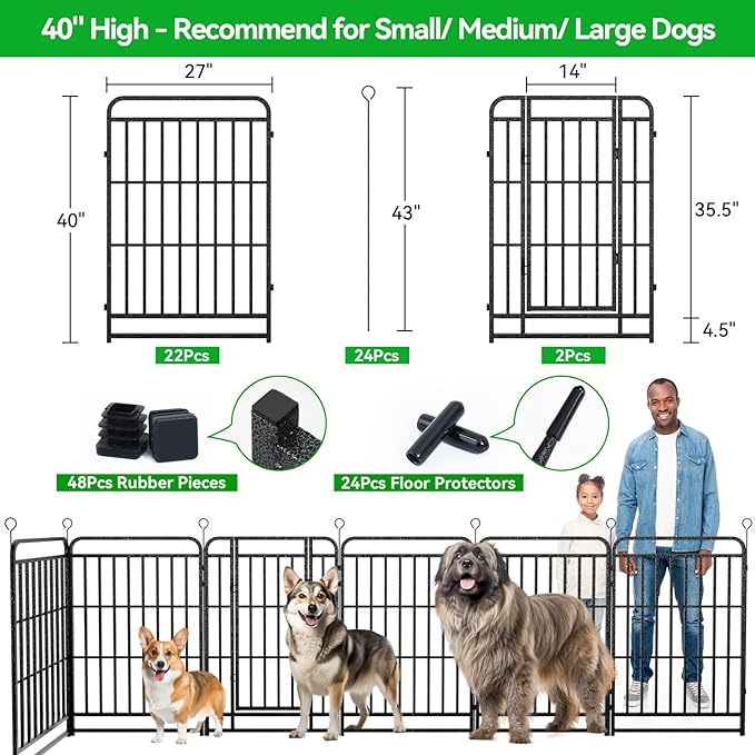 Heavy Duty Dog Playpen: 24 Steel Panels 40" Height, Square Steel Pipe with Reinforced Crossbars, 54FT 227 Sq.ft Portable Fence for Yard RV Camping, Snowy Black