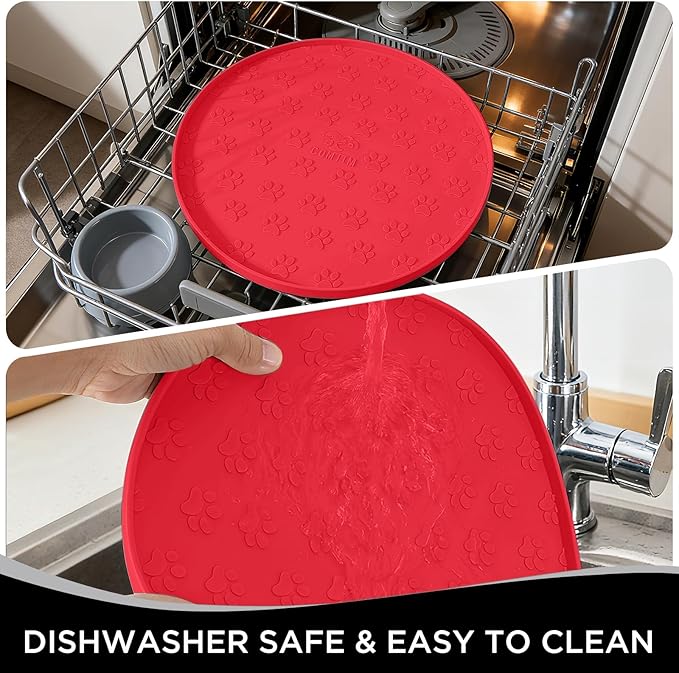 Comtim Waterproof Dog Food Mat - 2 Pack Silicone Pet Food Mat Dog Food Bowl Mats Cat Water Mats Eating Tray, Non-Slip Pet Placemat with Lip for Messy Drinkers to Protect Floor, Red 11"×11"