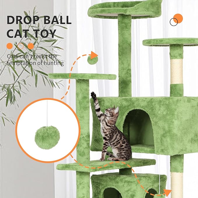 BestPet | 70" Cat Tree Tower | Green | Sturdy, Easy to Assemble, Multi-Level Activity Center with Sisal Scratching Posts, Condos, Perches, Hanging Cat Toys, Observation Decks & Ladder