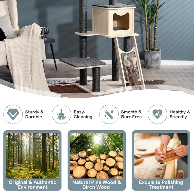 PETSITE 69-inch Tall Wooden Cat Tree Tower, Modern Cat Activity Center Tree with Sisal Scratching Posts & Board, Condo & Top Perch for Indoor Cats, Grey