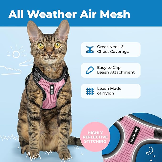 Voyager Escape-Proof Step-in Lock Cat Harness & 5ft Neoprene-Handle Leash Set All-Weather Mesh with Reflective Stitching for Small to Large Cats by Best Pet Supplies, Black Trim-Pink (327), XXXS