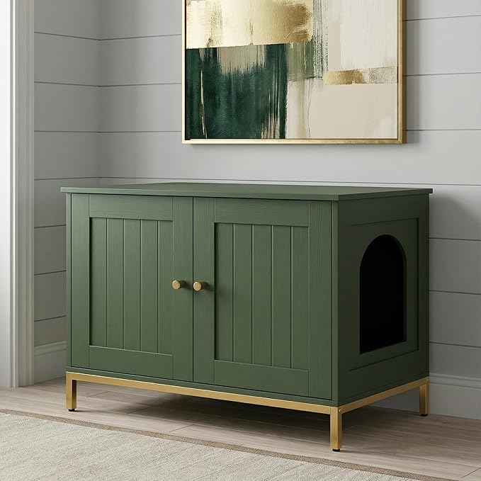 Homhedy Cat Litter Box Enclosure, Cat Washroom Furniture with Metal Frame, Pet House, Fit Most of Litter Box, Modern Style, Green and Gold
