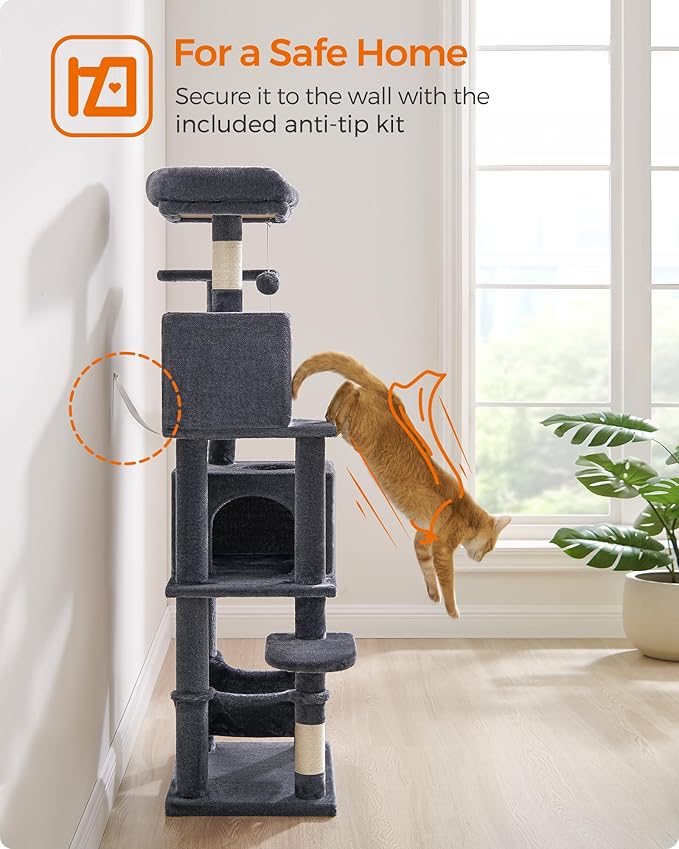 Feandrea Cat Tree, 59.5-Inch Tall Cat Tower, Plush Multi-Level Condo with 5 Scratching Posts, 2 Perches, 2 Caves, Hammock, 2 Pompoms, Smoky Gray UPCT192G01