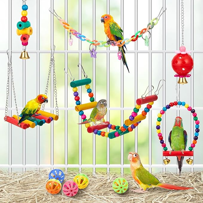 12 Pcs Parakeet Cockatiel Bird Toys, Bird Toys for Parakeets, Cockatiel Cage Accessories, Perches Parrot Ladders for Hanging Swinging Standing Chewing Climbing Training (Basic Style)