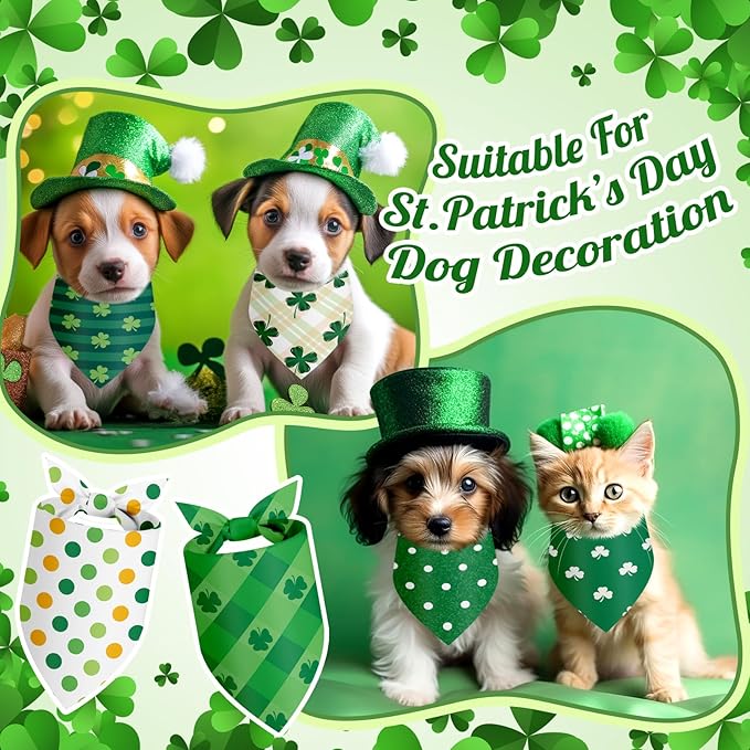 Weewooday 50 Pcs St Patricks Day Bandanas Bulk for Dogs Adjustable Irish Shamrocks Clover Green Plaid Triangle Soft Bibs Puppy Bandana for Small Medium Large Cat Pet Costume(19.7 x 13.8 x 13.8 Inch)