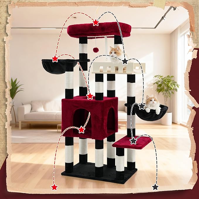 Cat Tree for Indoor Cats Large Adult, Heavy Duty Cat Tree for Large Cats 20 lbs+, Cat Condo with Big Wooden Perch, Cat Tower with 14 Scratching Posts, Hammock, Black GCT023BR
