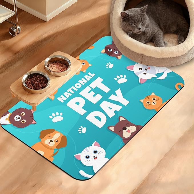 Pet Dog Cat Food Mat,Animal Paws Absorbent Waterproof Placemat for Food and Water Non Slip Rubber Backing Durable Feeding Pad for Clean Floors 16" x 24"