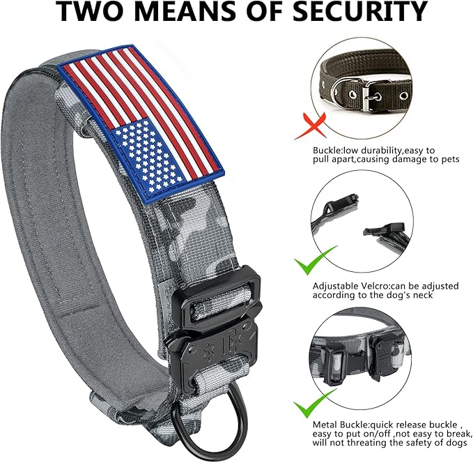 DAGANXI Tactical Dog Collar, Adjustable Military Training Nylon Dog Collar with Control Handle and Heavy Metal Buckle for Medium and Large Dogs, with Patches and Airtags Case (L, Camo)